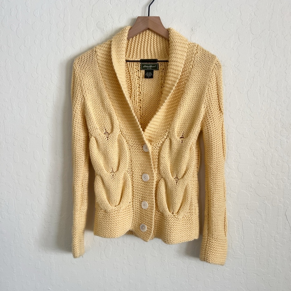 Vintage Eddie Bauer Wool Cable Knit Cardigan Sweater Small Petite Butter Yellow